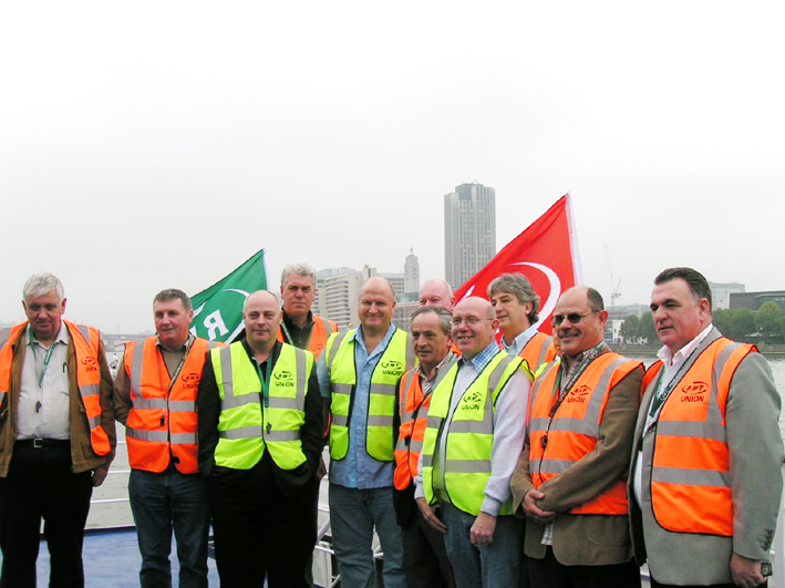 RMT leader BOB CROW (fifth from left) with RMT Thames Watermen aboard the ‘Keep the River Safe’ campaign boat