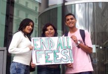 Students, who are part of the first year to pay £3,000 fees, showing their opposition to all fees
