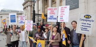 PCS members on the picket line outside the National Gallery yesterday, determined to defend their pay and conditions