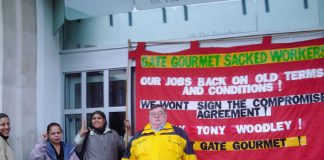 Gate Gourmet locked-out workers campaigning on Southall High Street with KIRAN GILL (extreme left) and THOMAS MURPHY