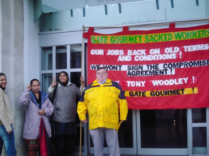 Gate Gourmet locked-out workers campaigning on Southall High Street with KIRAN GILL (extreme left) and THOMAS MURPHY