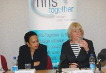 RCN leader BEVERLY MALONE with UNISON health official KAREN JENNINGS at the centre of the ‘NHS Together’ platform yesterday morning