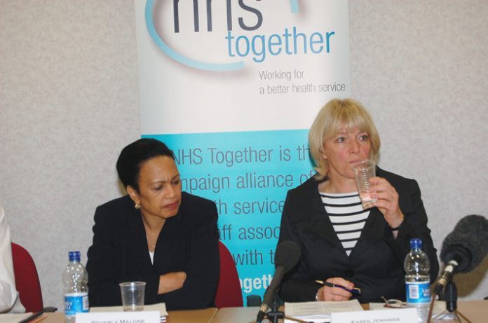 RCN leader BEVERLY MALONE with UNISON health official KAREN JENNINGS at the centre of the ‘NHS Together’ platform yesterday morning