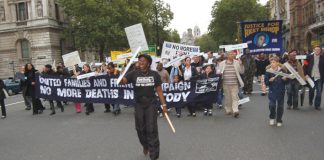 Janet Alder leads ‘No More Deaths in Custody’ marchers on the way to Parliament Square on Saturday
