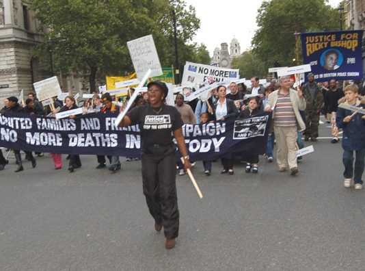 Janet Alder leads ‘No More Deaths in Custody’ marchers on the way to Parliament Square on Saturday