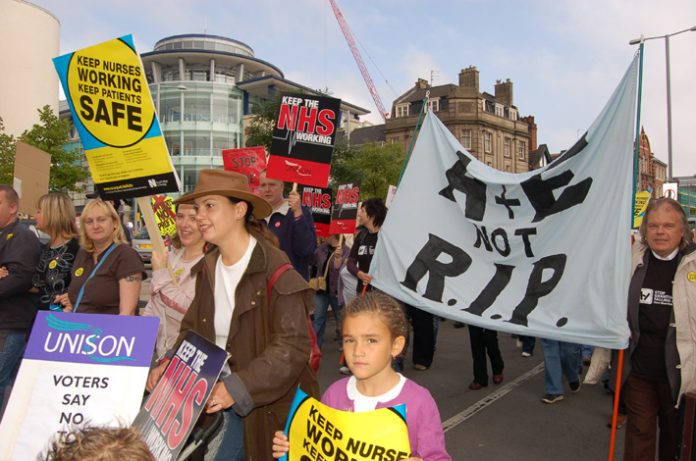 A section of the 5,000-strong march through Nottingham determined to defend NHS jobs and A&E services