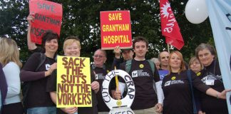Health workers determined to defend their hospital and jobs demonstrating in Nottingham – the trade unions must take action to defend both