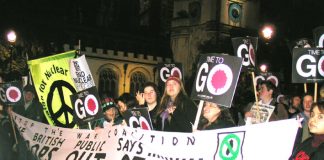 The 500-strong protest at Parliament Square on Tuesday night demanded an immediate end to the occupation of Iraq and Afghanistan