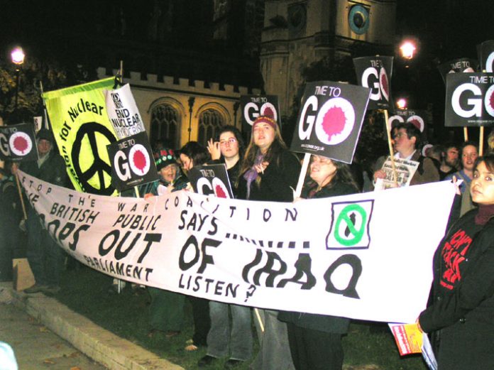 The 500-strong protest at Parliament Square on Tuesday night demanded an immediate end to the occupation of Iraq and Afghanistan