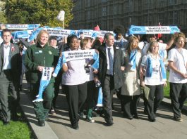 UNISON leader DAVE PRENTIS (centre) joined with staff representing the entire NHS workforce at the launch of NHS Together on Wednesday morning