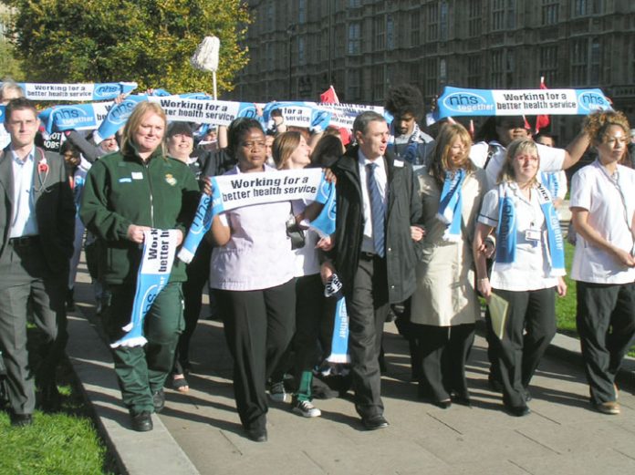 UNISON leader DAVE PRENTIS (centre) joined with staff representing the entire NHS workforce at the launch of NHS Together on Wednesday morning