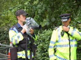 Police camera team outside the US embassy photographing anti-war demonstrators