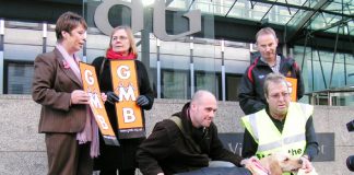 JJB Sports striking GMB members lobbying the DTI in London yesterday with the ‘dog that did not bark’ to demand that the Employment Agencies Standards Inspectorate enforce the law in their dispute