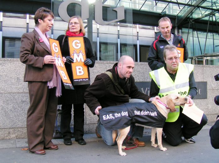 JJB Sports striking GMB members lobbying the DTI in London yesterday with the ‘dog that did not bark’ to demand that the Employment Agencies Standards Inspectorate enforce the law in their dispute