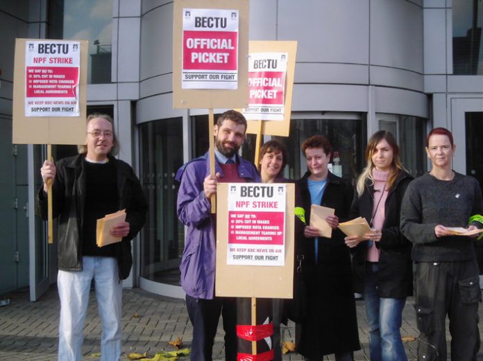 BECTU picket line at the Television Centre at White City in West London on Wednesday morning