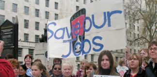 Rover workers and their families lobbying Downing Street in April 2005 demanding the Rover Longbridge factory be kept open
