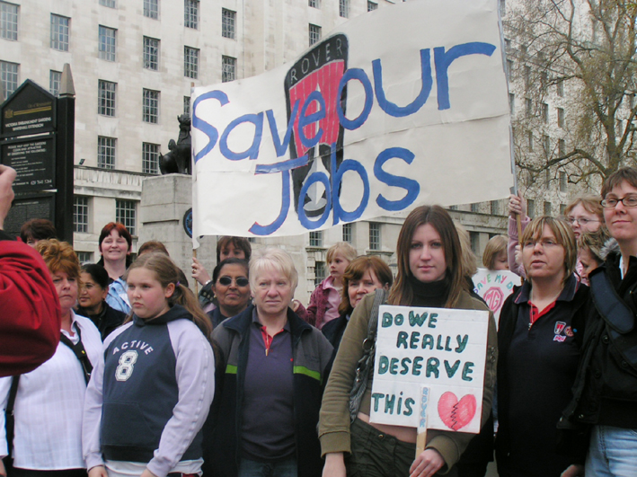 Rover workers and their families lobbying Downing Street in April 2005 demanding the Rover Longbridge factory be kept open