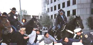 Mounted police assault on the Houston janitors non-violent protest outside the investment bankers JP Morgan Chase buildings – 44 janitors were arrested and four injured