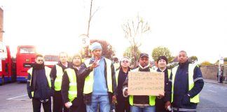 Striking Metroline TGWU drivers and engineers on the picket line at Willesden bus garage last Tuesday