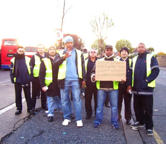 Striking Metroline TGWU drivers and engineers on the picket line at Willesden bus garage last Tuesday