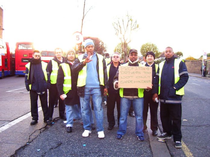 Striking Metroline TGWU drivers and engineers on the picket line at Willesden bus garage last Tuesday