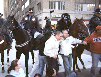 Last Thursday’s peaceful protest by Houston janitors being broken up by mounted police, injuring five protestors
