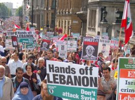A section of the August 5 demonstration in London against the Israeli bombing of Lebanon