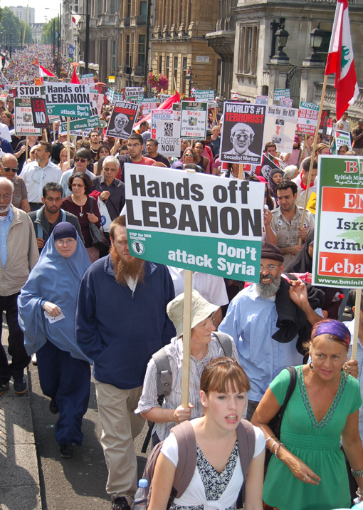 A section of the August 5 demonstration in London against the Israeli bombing of Lebanon