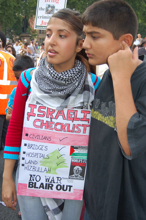 Young girl on a demonstration in London against the Israeli war on the Lebanon with a clear message