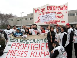 A delegation of the sacked Heathrow Gate Gourmet workers visiting the picket line of the striking Gate Gourmet workers in Dusseldorf, Germany during their strike in February this year