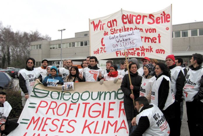 A delegation of the sacked Heathrow Gate Gourmet workers visiting the picket line of the striking Gate Gourmet workers in Dusseldorf, Germany during their strike in February this year