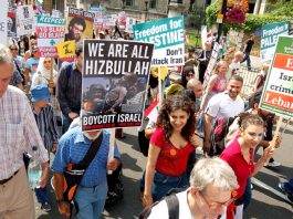 Demonstrators in London in July showing their support for Hezbollah