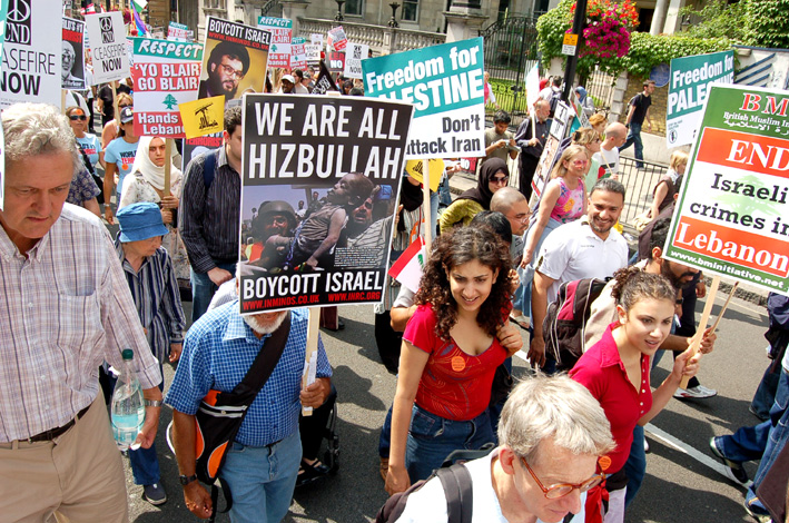 Demonstrators in London in July showing their support for Hezbollah