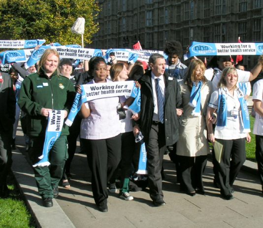 UNISON general secretary DAVE PRENTIS (centre)  at the NHS Together lobby of parliament on November 1st