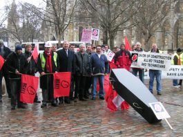 Construction workers lobbying parliament when the private members Bill on corporate manslaughter was introduced on February 24 last year – the Bill fell as not enough MPs bothered to turn up to vote