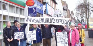 Demonstration outside Mill Hill Post Office in north London last February