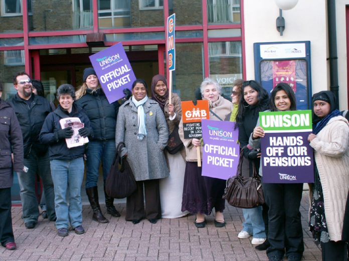 UNISON and GMB members taking part in a one-day strike of over a million workers who face having to bring down the Blair government if they are to keep their final salary pensions