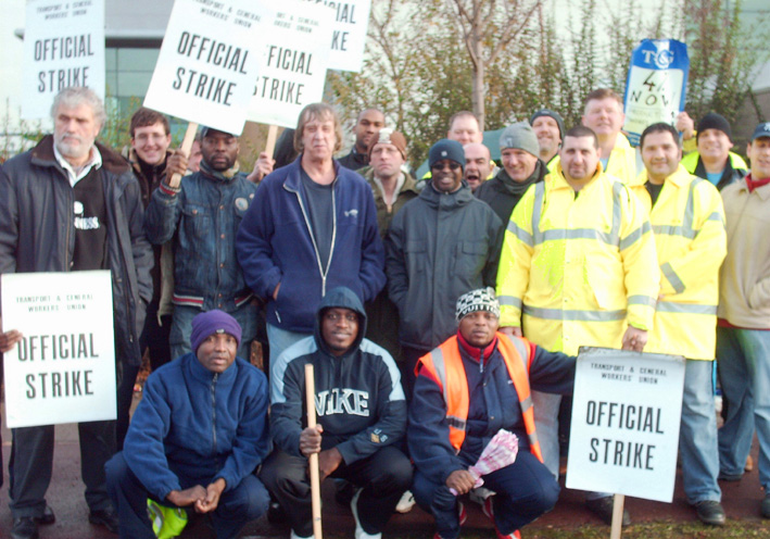 Strong TGWU picket line of DHL Exel workers who deliver from the Iceland distribution depot in Enfield  yesterday and had to face harassment, threats and intimidation from gangs of security guards