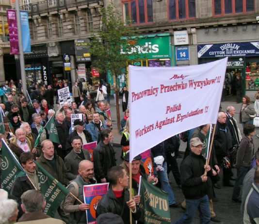 Polish workers’ banner on the 100,000-strong march in Dublin last December in support of the Irish Ferries workers’ occupation against cheap labour crews