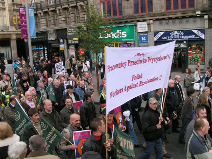 Polish workers’ banner on the 100,000-strong march in Dublin last December in support of the Irish Ferries workers’ occupation against cheap labour crews