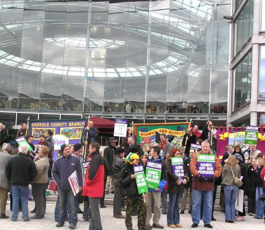 Council workers on the picket line in Norwich during the one-day public sector general strike over pensions in March this year