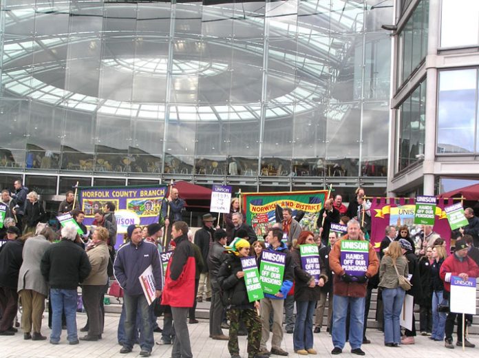 Council workers on the picket line in Norwich during the one-day public sector general strike over pensions in March this year