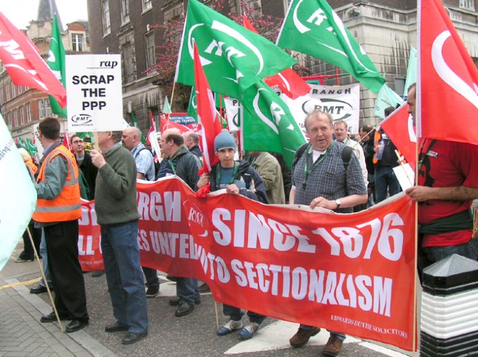 ‘Scrap the PPP’ placard on the RMT ‘Rail Against Privatisation’ march to Trafalgar Square in April 2005