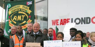 BOB CROW (centre) and a group of RMT cleaners lobbying the City Hall to demand that Mayor Livingstone refuses to accept ISS sackings