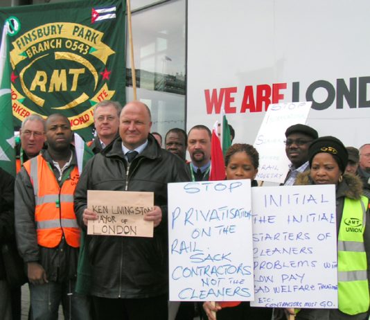 BOB CROW (centre) and a group of RMT cleaners lobbying the City Hall to demand that Mayor Livingstone refuses to accept ISS sackings