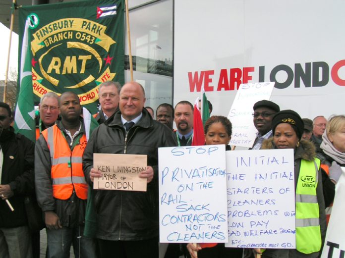 BOB CROW (centre) and a group of RMT cleaners lobbying the City Hall to demand that Mayor Livingstone refuses to accept ISS sackings