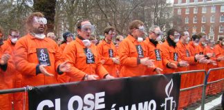 More than 500 demonstrators dressed in boiler suits to symbolise the hundreds of people still held in Guantanamo Bay. Part of a worldwide demonstration taking place five years after the camp was opened