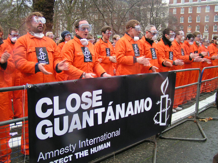 More than 500 demonstrators dressed in boiler suits to symbolise the hundreds of people still held in Guantanamo Bay. Part of a worldwide demonstration taking place five years after the camp was opened