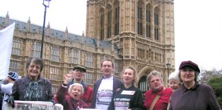 ‘Save Chase Farm’ councillors KEIRAN McGREGOR and KATE WILKINSON (wearing T-shirts) with fellow campaigners lobbying Parliament yesterday