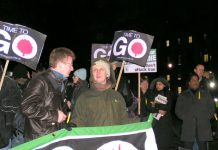 Demonstrators outside the House of Commons yesterday evening